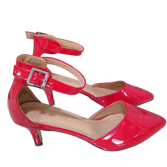 [H464] Chase + Chloe Red Patent Leather Kitten Buckle Strap Heels, Size 10 - Picture 1 of 7